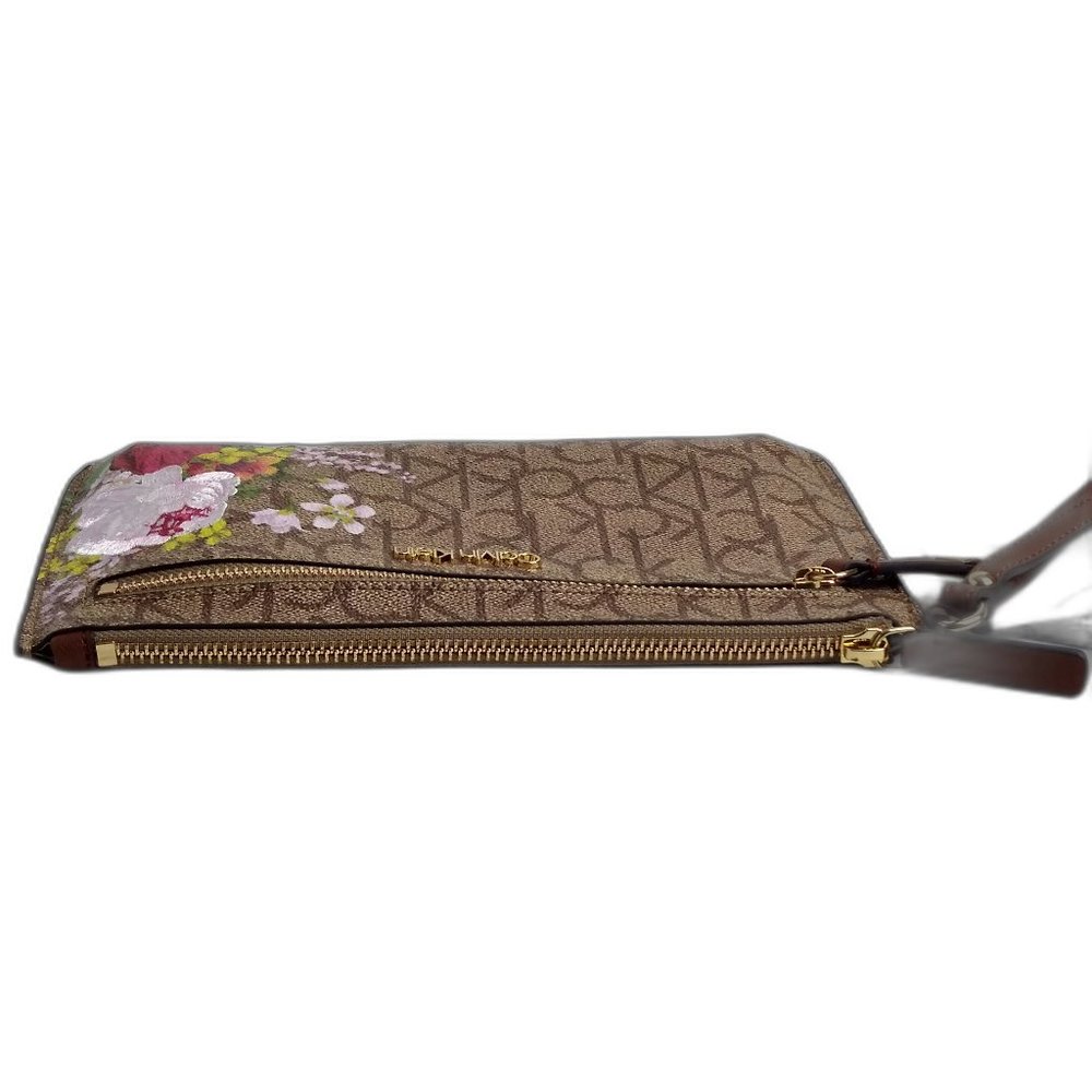 Calvin Klein Saffiano Wristlet - Brown/Pink Floral Zip Closure. - Picture 3 of 8